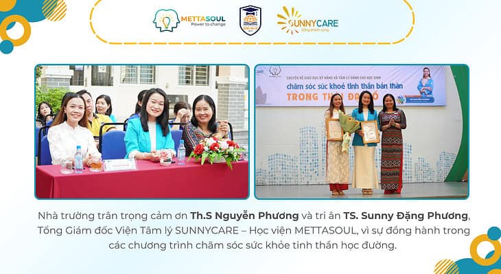 Nhóm học viên và giảng viên tại Học viện METTASOUL trong chương trình chăm sóc sức khỏe tinh thần.